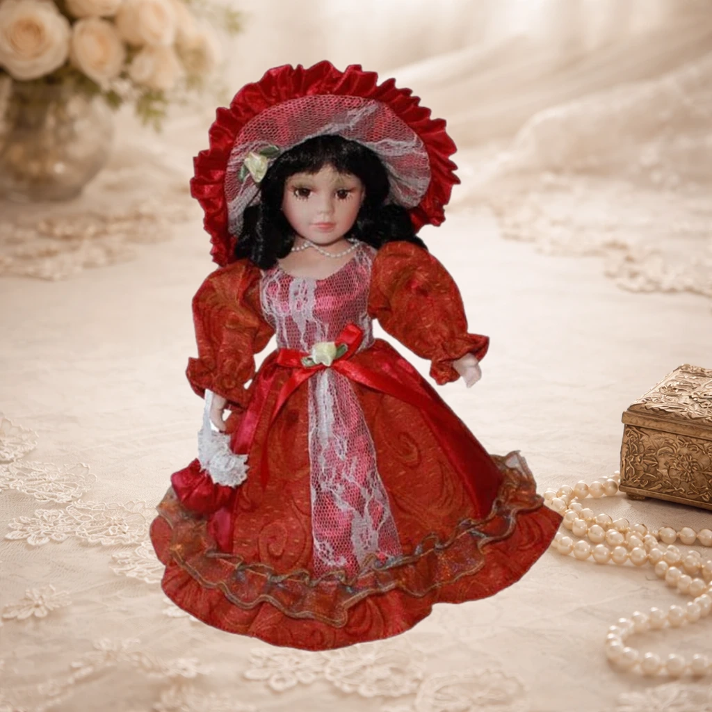 Unknown 12 inch Elegant Porcelain Miniatures, Girl Hair, Hat, Handbag, Shoes, Dress and Display Stand, Red