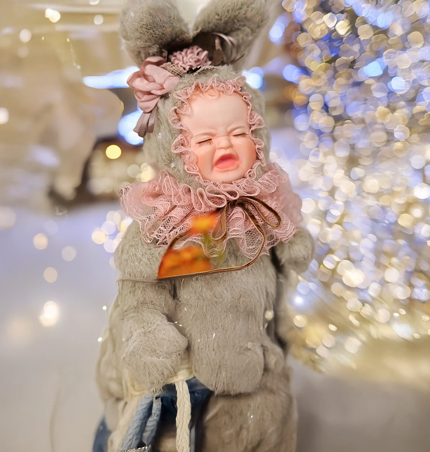 8 Inch Rabbit Hand-Painted Porcelain Face Doll with Plush ＆ Acrylic Cotton Body, Mini Kawaii High-Color Makeup Ceramic Doll for Room Decor, Birthday Gifts, Collectible，Name Jade (Grey)
